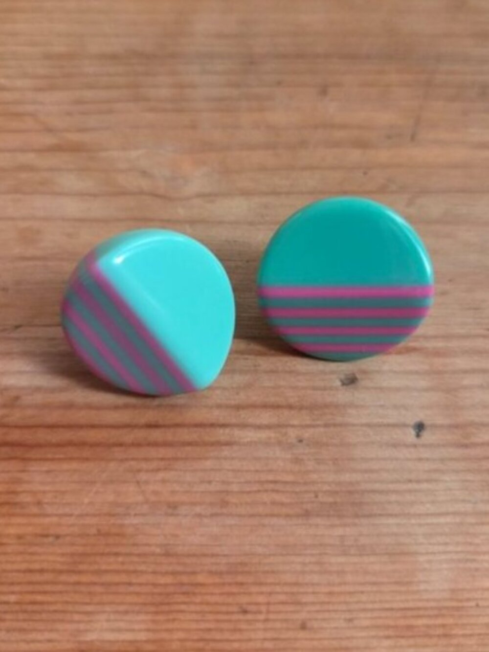 Vintage 90s Memphis Geometric Button Pierced Earrings Mint Pink Wedge Studs